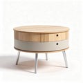 ronde houten salontafel met lades en metalen poten in wit en houtkleur 60 x 60 x 40cm