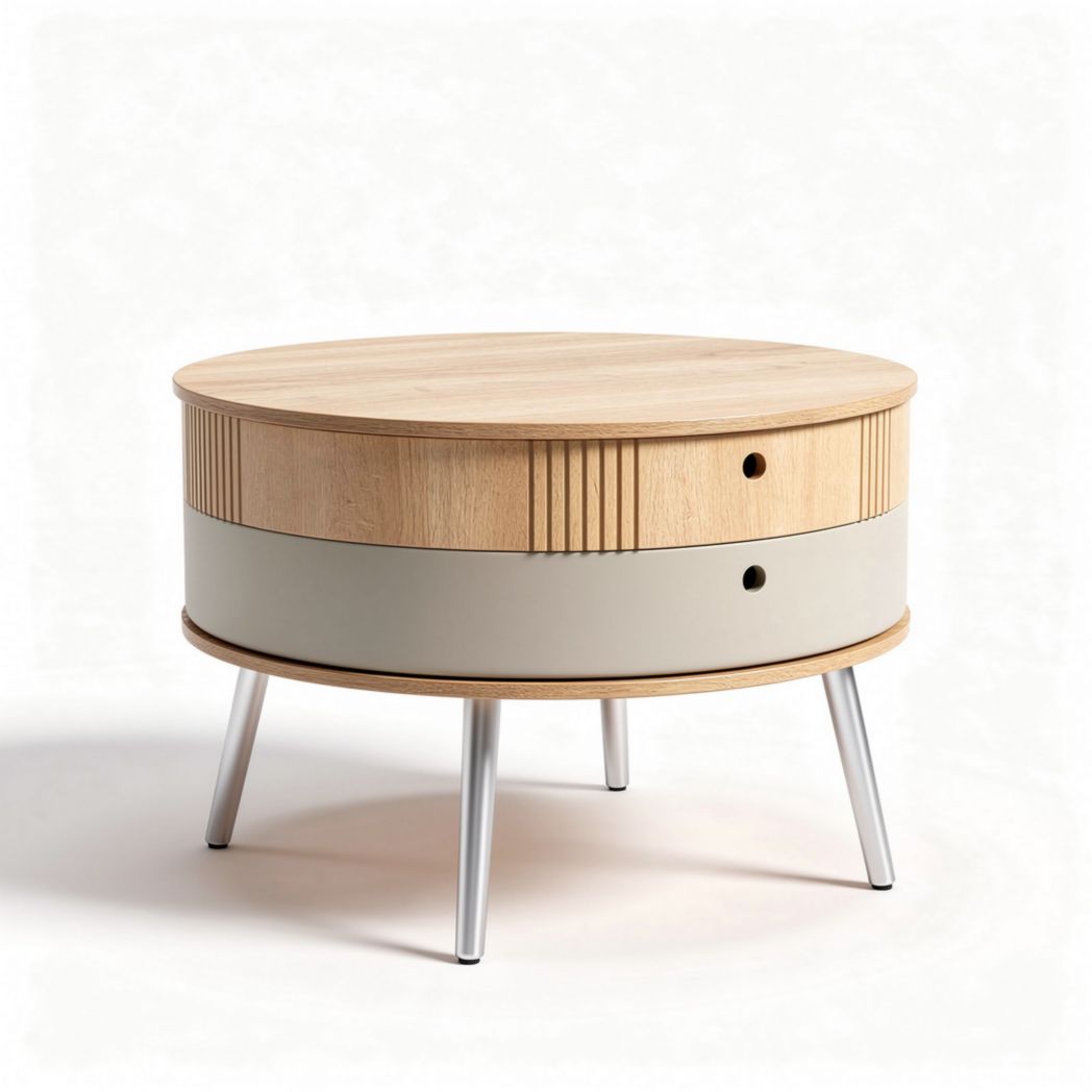 ronde houten salontafel met lades en metalen poten in wit en houtkleur 60 x 60 x 40cm